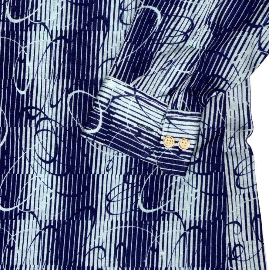 VTG 70s 'DUNLOP' BLUE SWIRL PATTERNED DAGGER COLLAR POLO SHIRT SMALL