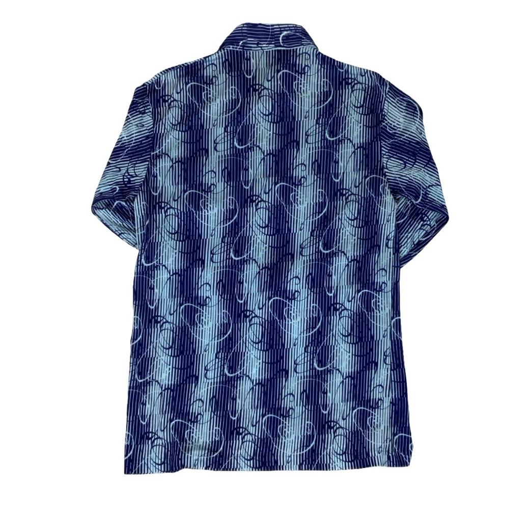 VTG 70s 'DUNLOP' BLUE SWIRL PATTERNED DAGGER COLLAR POLO SHIRT SMALL