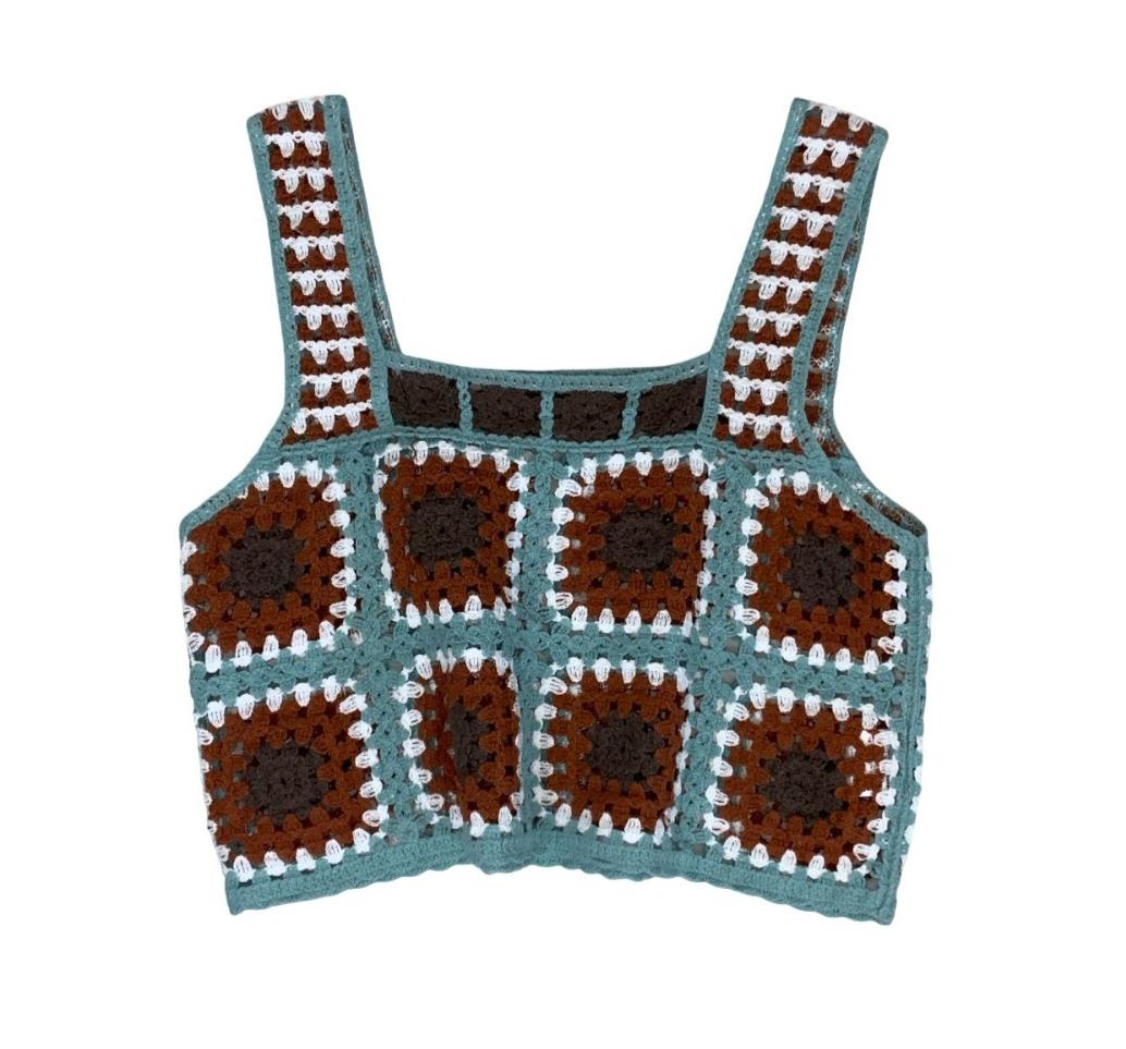 VTG 90s y2k 'SPRAY PREMIUM' BLUE BROWN CROCHET FESTIVAL BOHO TANK VEST TOP XS 6
