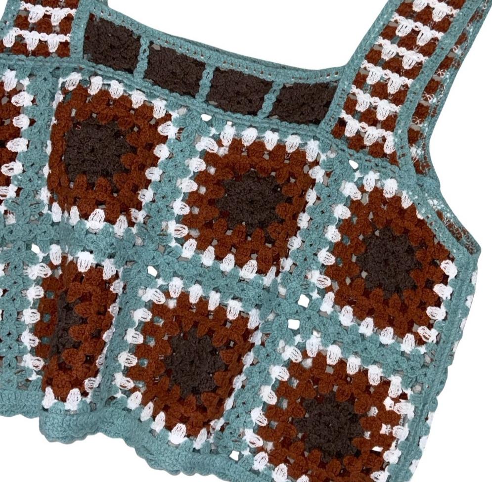 VTG 90s y2k 'SPRAY PREMIUM' BLUE BROWN CROCHET FESTIVAL BOHO TANK VEST TOP XS 6