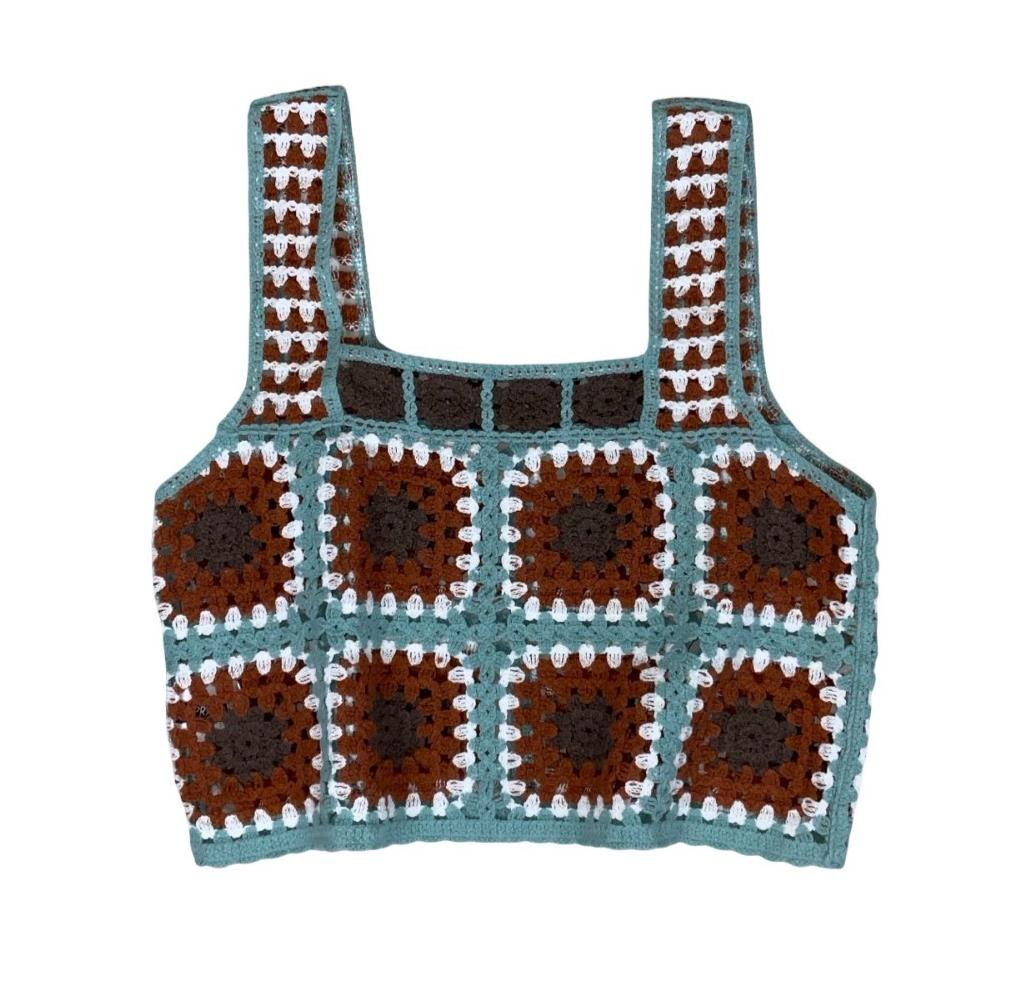 VTG 90s y2k 'SPRAY PREMIUM' BLUE BROWN CROCHET FESTIVAL BOHO TANK VEST TOP XS 6