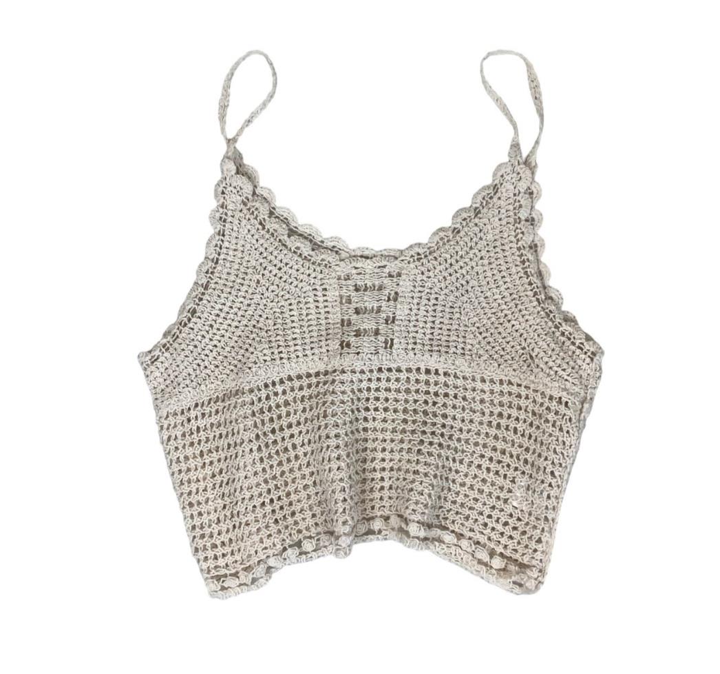 VTG 90s y2k 'EGOIST' OFF-WHITE CROCHET CROP BOHO FESTIVAL TANK VEST TOP S 8