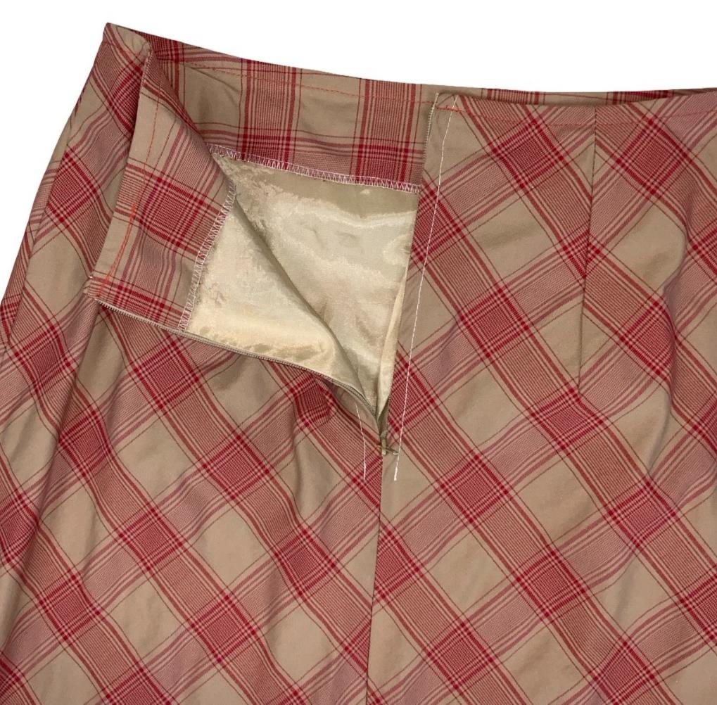 90s DOES 70s RED ORANGE PLAID GINGHAM PREPPY SMART MIDI PENCIL MIDI SKIRT S 8