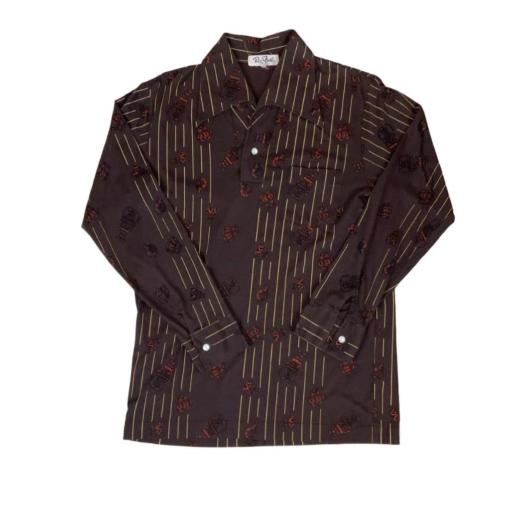 VTG 70s 'RICH FIELD' TOKYO CROSS BROWN AFRICAN POTS GRAPHIC PRINT SHIRT S