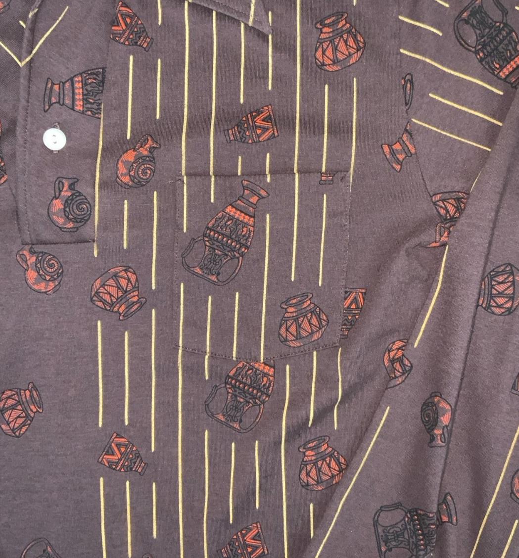 VTG 70s 'RICH FIELD' TOKYO CROSS BROWN AFRICAN POTS GRAPHIC PRINT SHIRT S