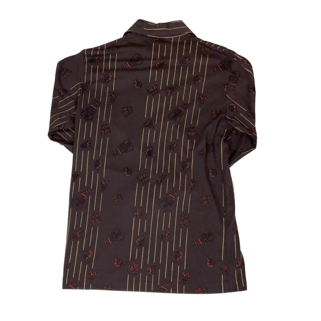 VTG 70s 'RICH FIELD' TOKYO CROSS BROWN AFRICAN POTS GRAPHIC PRINT SHIRT S
