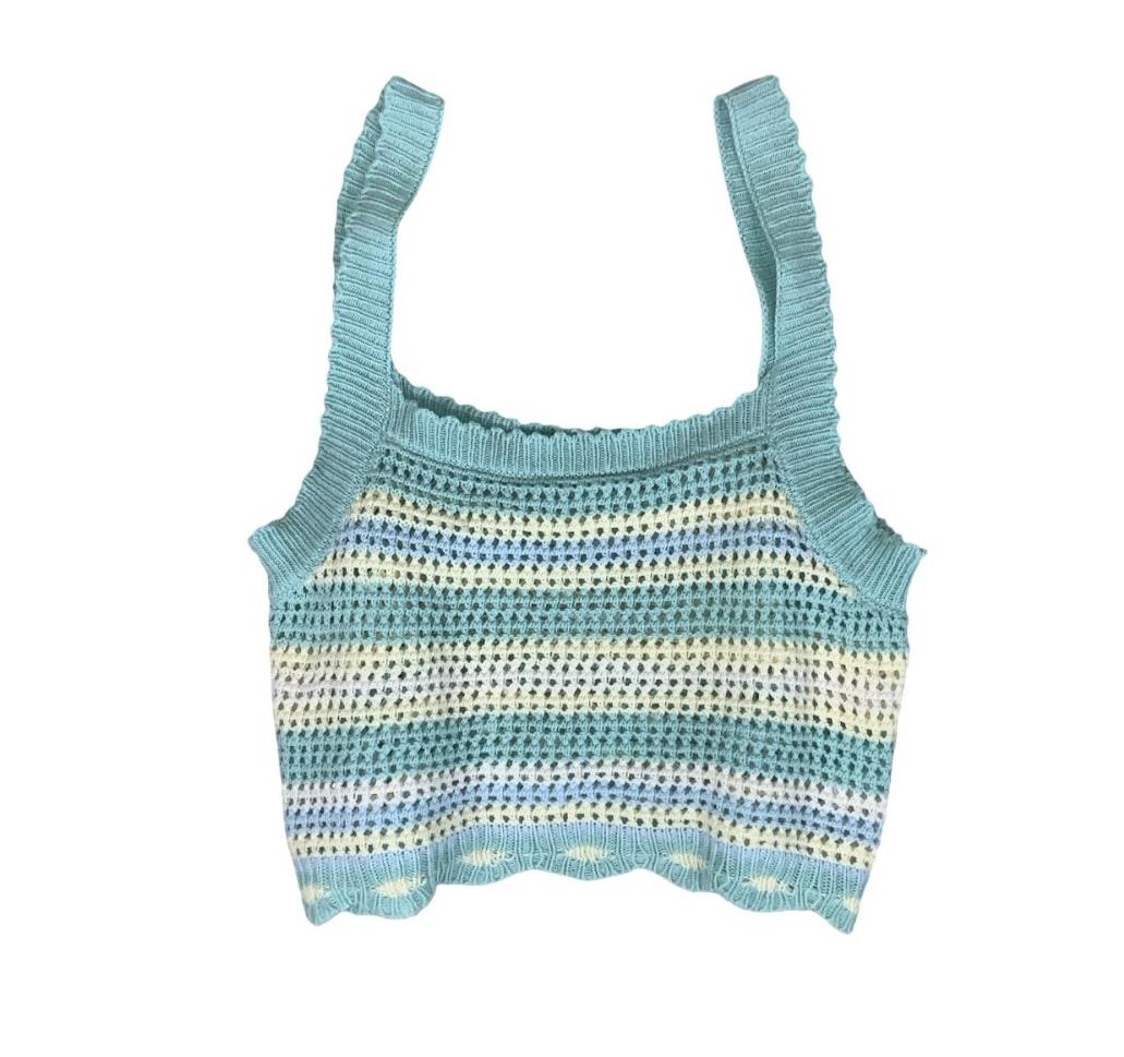 VTG 90s y2k 'GU' BLUE WHITE STRIPED CROCHET FESTIVAL BOHO TANK VEST TOP XS 4