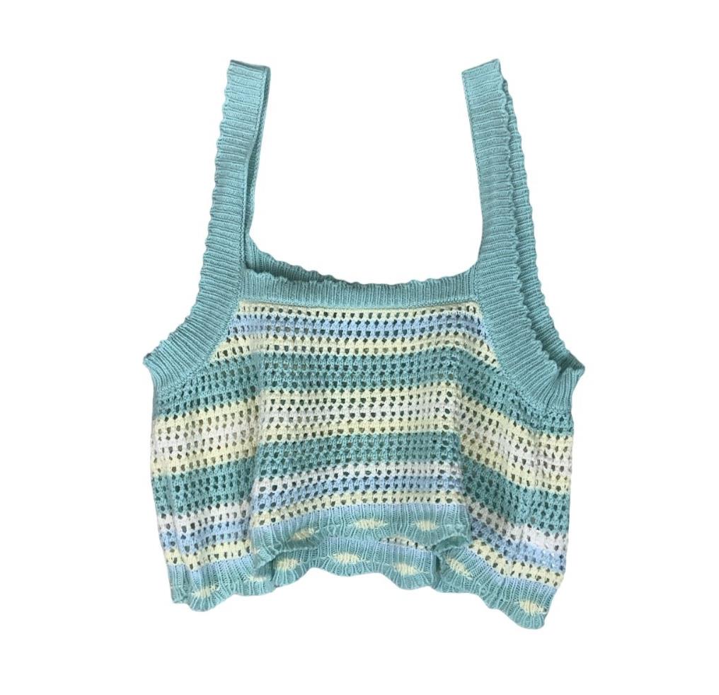 VTG 90s y2k 'GU' BLUE WHITE STRIPED CROCHET FESTIVAL BOHO TANK VEST TOP XS 4