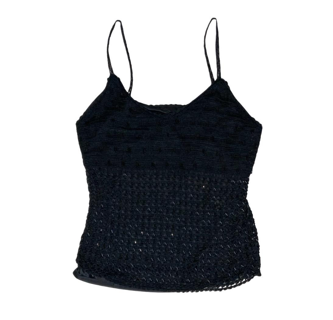 VTG 90s BLACK CROCHET KNIT BEADED FESTIVAL BOHO TANK VEST FESTIVAL TOP XS 6