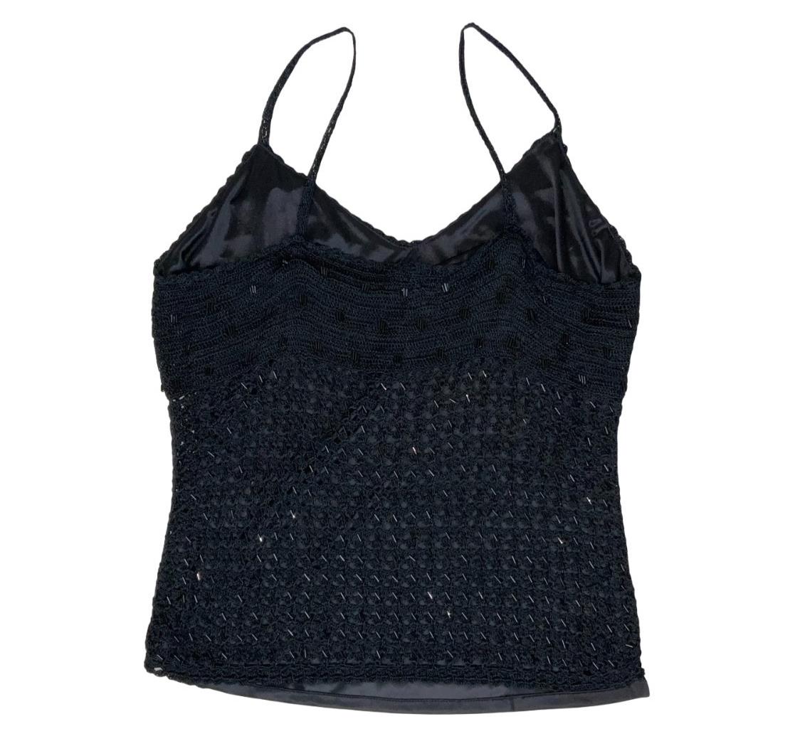 VTG 90s BLACK CROCHET KNIT BEADED FESTIVAL BOHO TANK VEST FESTIVAL TOP XS 6