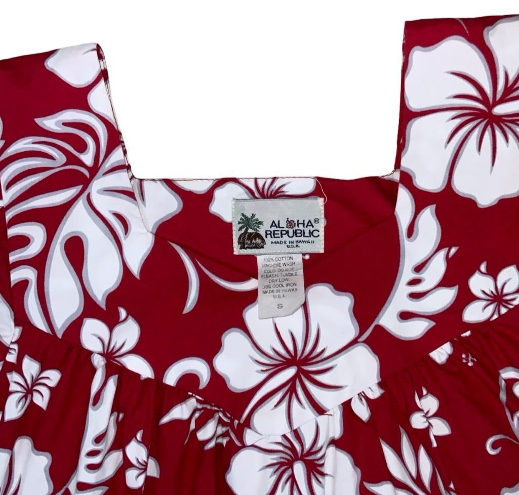 VTG 70s 80s 'ALOHA REPUBLIC' RED WHITE FLORAL HAWAIIAN BEACH SUMMER TENT DRESS S