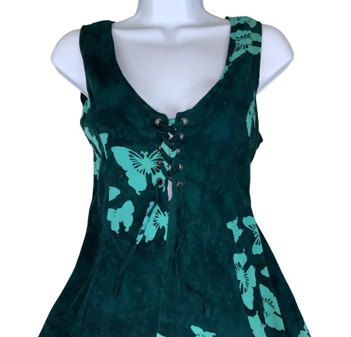 VTG 'IVAX' BALI GREEN BUTTERFLY GRAPHIC MINI SLEEVELESS BEACH SUMMER DRESS M 12
