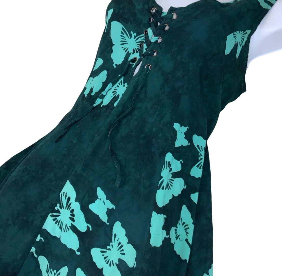 VTG 'IVAX' BALI GREEN BUTTERFLY GRAPHIC MINI SLEEVELESS BEACH SUMMER DRESS M 12