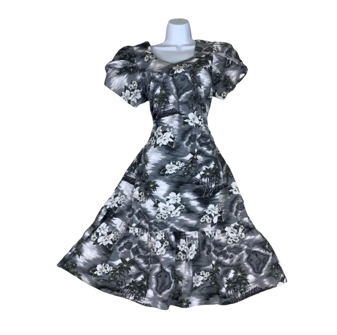 VTG 70s 80s 'KY'S' HAWAIIAN BLACK WHITE GREY SUMMER SHORT SLEEVE TENT DRESS M 14