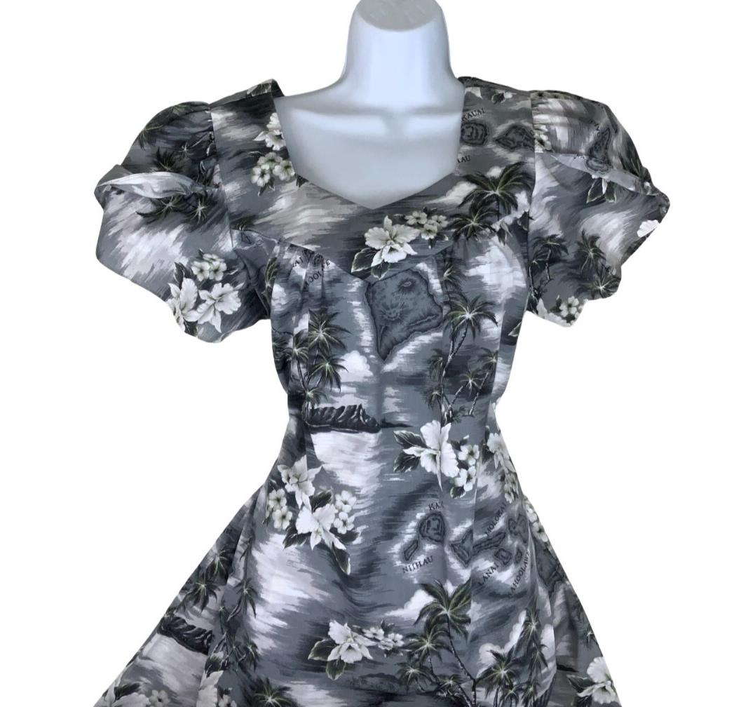VTG 70s 80s 'KY'S' HAWAIIAN BLACK WHITE GREY SUMMER SHORT SLEEVE TENT DRESS M 14