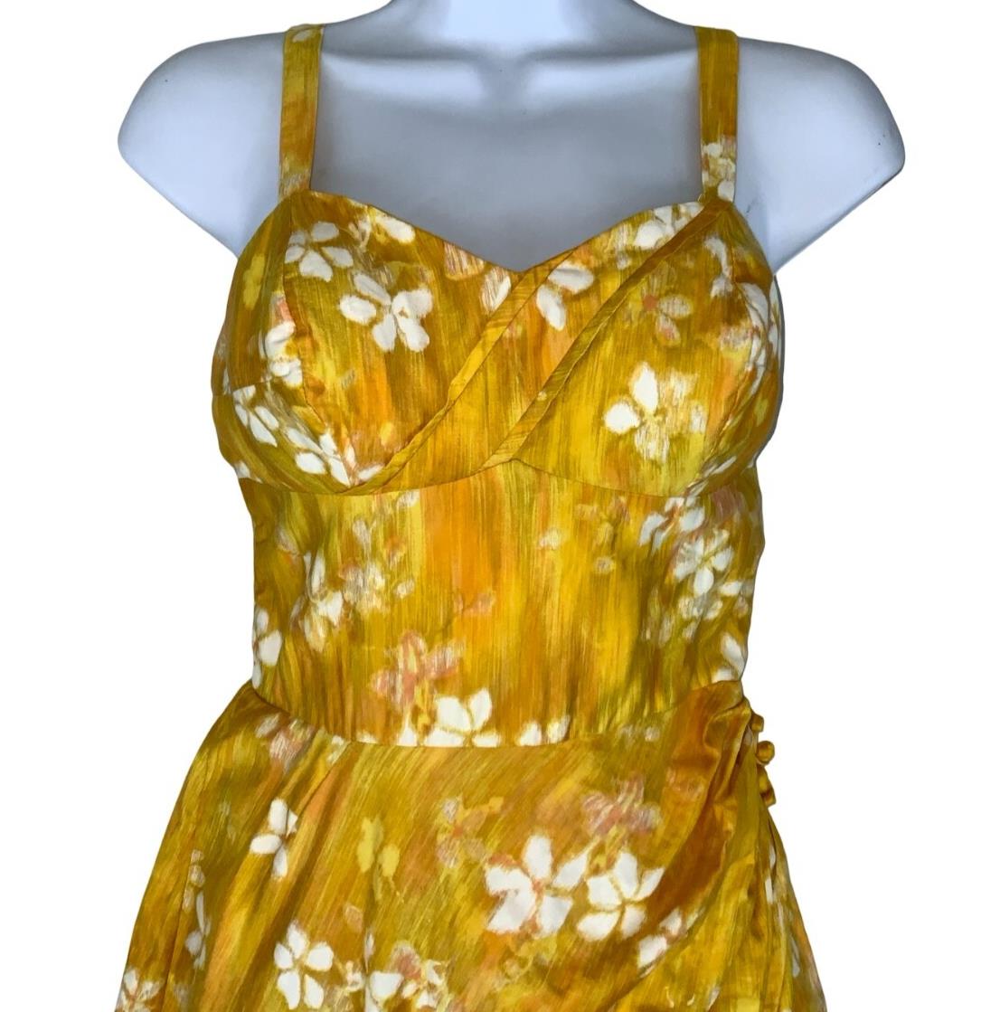 VTG 70s 'MOLIA' HAWAIIAN YELLOW FLORAL SLEEVELESS MINI BEACH SUMMER DRESS XS 4