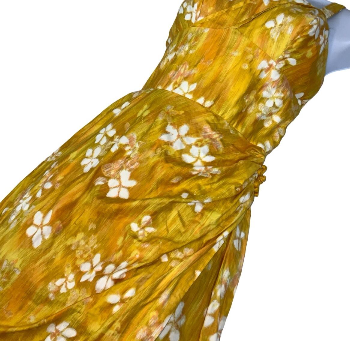 VTG 70s 'MOLIA' HAWAIIAN YELLOW FLORAL SLEEVELESS MINI BEACH SUMMER DRESS XS 4
