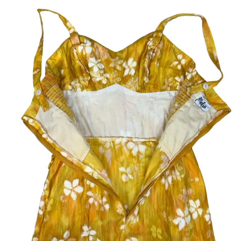 VTG 70s 'MOLIA' HAWAIIAN YELLOW FLORAL SLEEVELESS MINI BEACH SUMMER DRESS XS 4