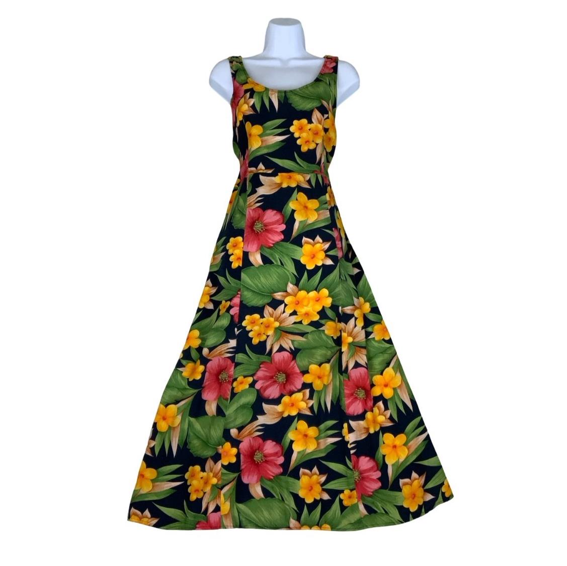 VTG 'DARIAN' SLEEVELESS BLACK GREEN RED YELLOW FLORAL LONG SUMMER DRESS S 10