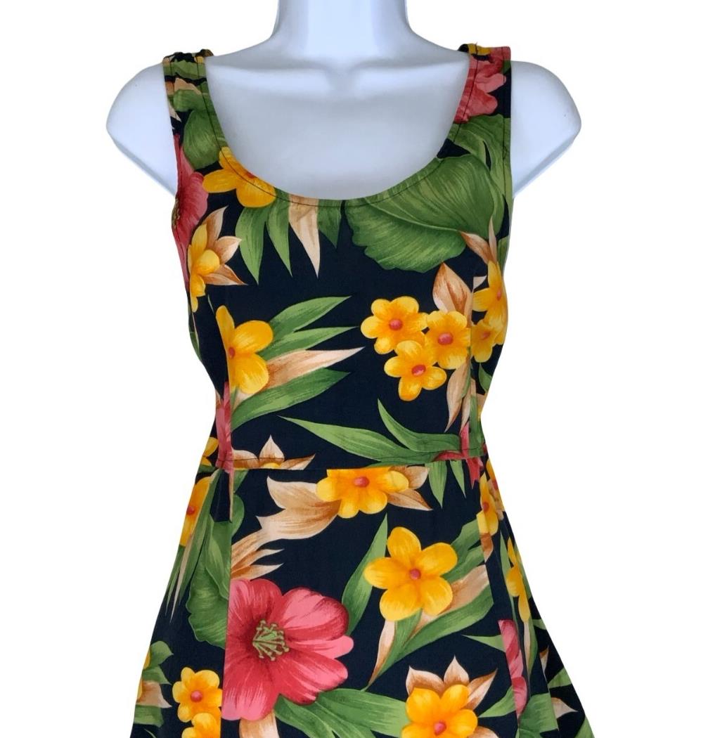 VTG 'DARIAN' SLEEVELESS BLACK GREEN RED YELLOW FLORAL LONG SUMMER DRESS S 10