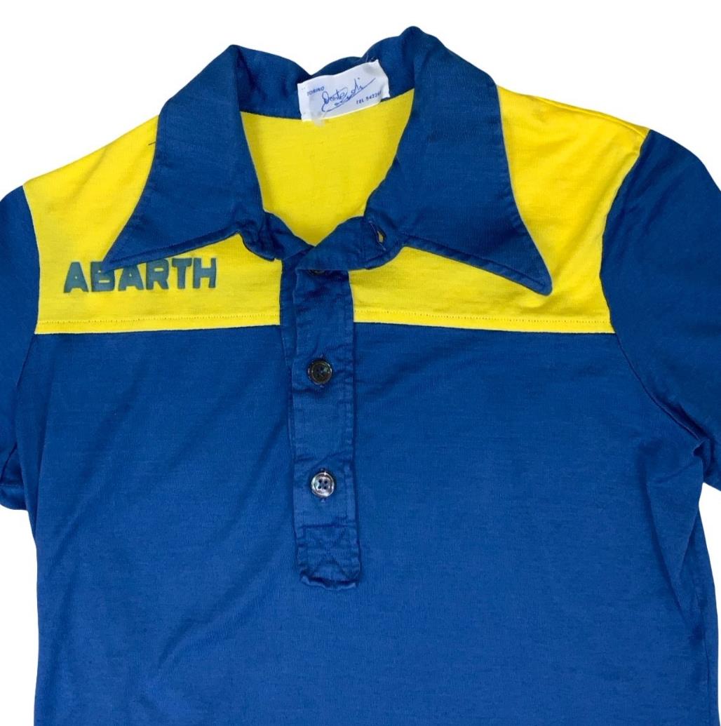 VTG 80s TORINO ABARTH RACING SPORTS BLUE YELLOW SHORT SLEEVED POLO SHIRT SMALL