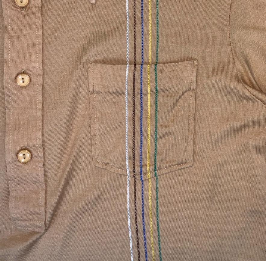 VTG 70s 80s 'SUN' TAN BROWN BEIGE STRIPE EMBROIDERED DAGGER COLLAR POLO SHIRT S