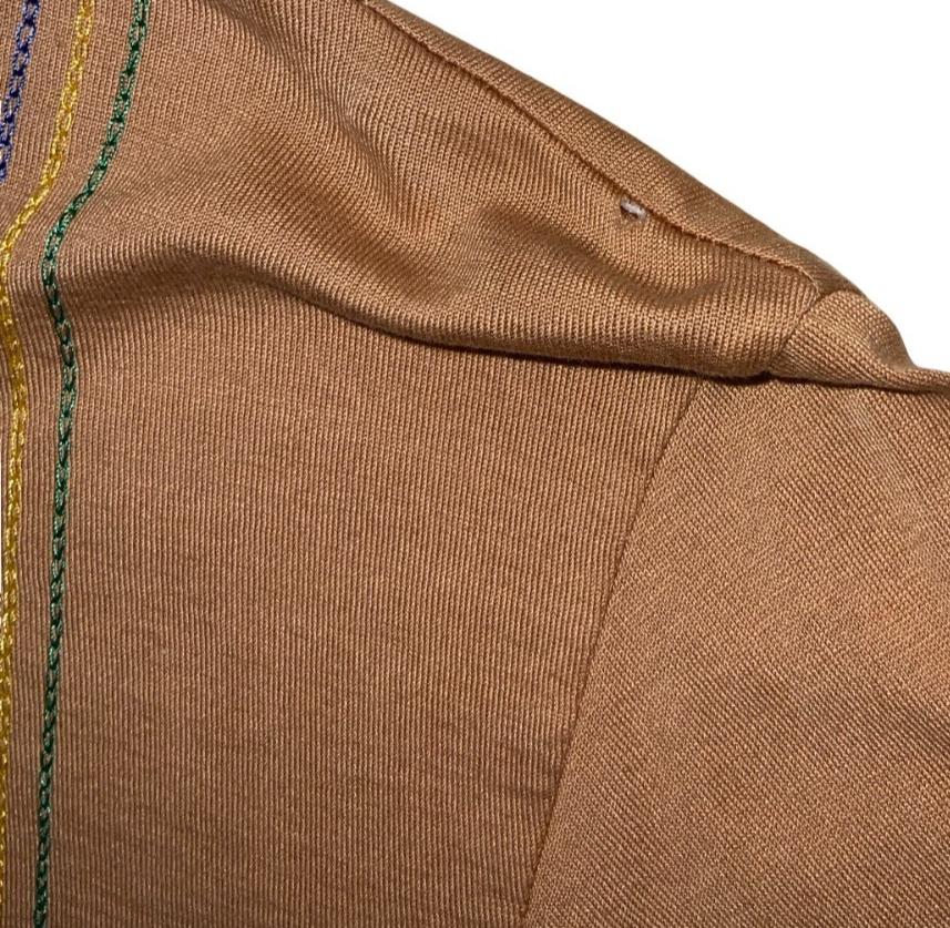 VTG 70s 80s 'SUN' TAN BROWN BEIGE STRIPE EMBROIDERED DAGGER COLLAR POLO SHIRT S