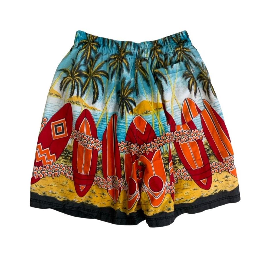 VTG 90s BLUE RED ORANGE HAWAIIAN BEACH SURF GRAPHIC SWIM SHORTS WITH LINER S M L