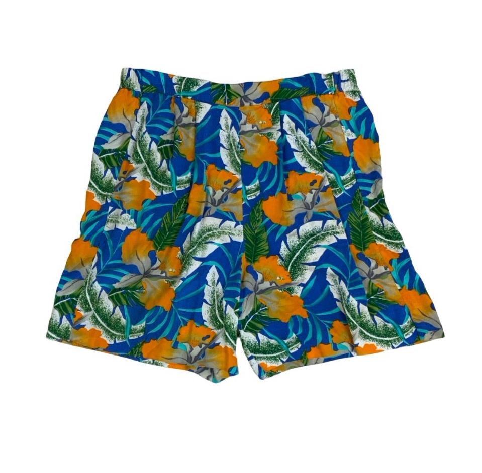 VTG 'PETITE SOPHISTICATE' BLUE ORANGE GREEN FLORAL HONG KONG HAWAIIAN SHORTS M L