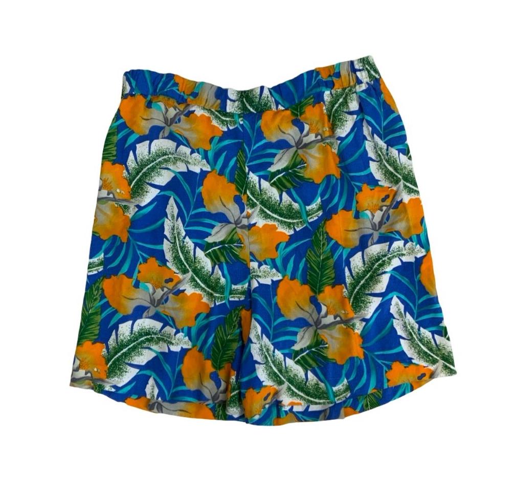 VTG 'PETITE SOPHISTICATE' BLUE ORANGE GREEN FLORAL HONG KONG HAWAIIAN SHORTS M L
