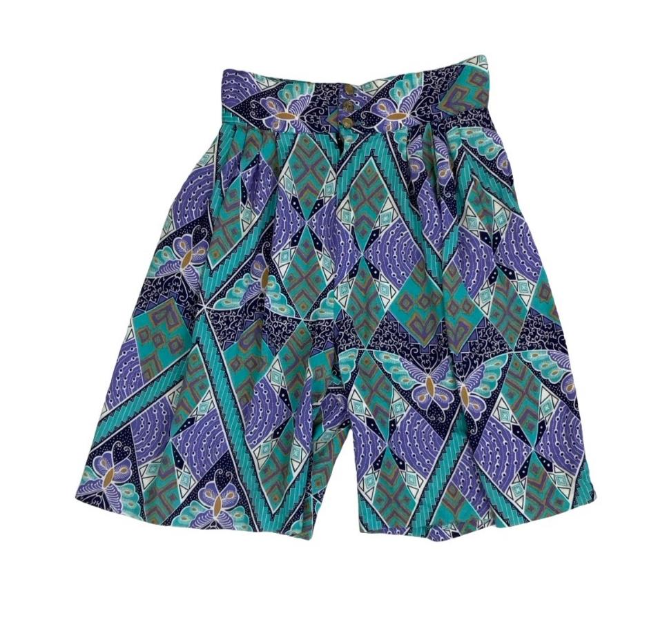 VTG 90s y2k HIGH-WAISTED CASUAL PURPLE TEAL GREEN GOLD GEOMETRIC SHORTS XS 6