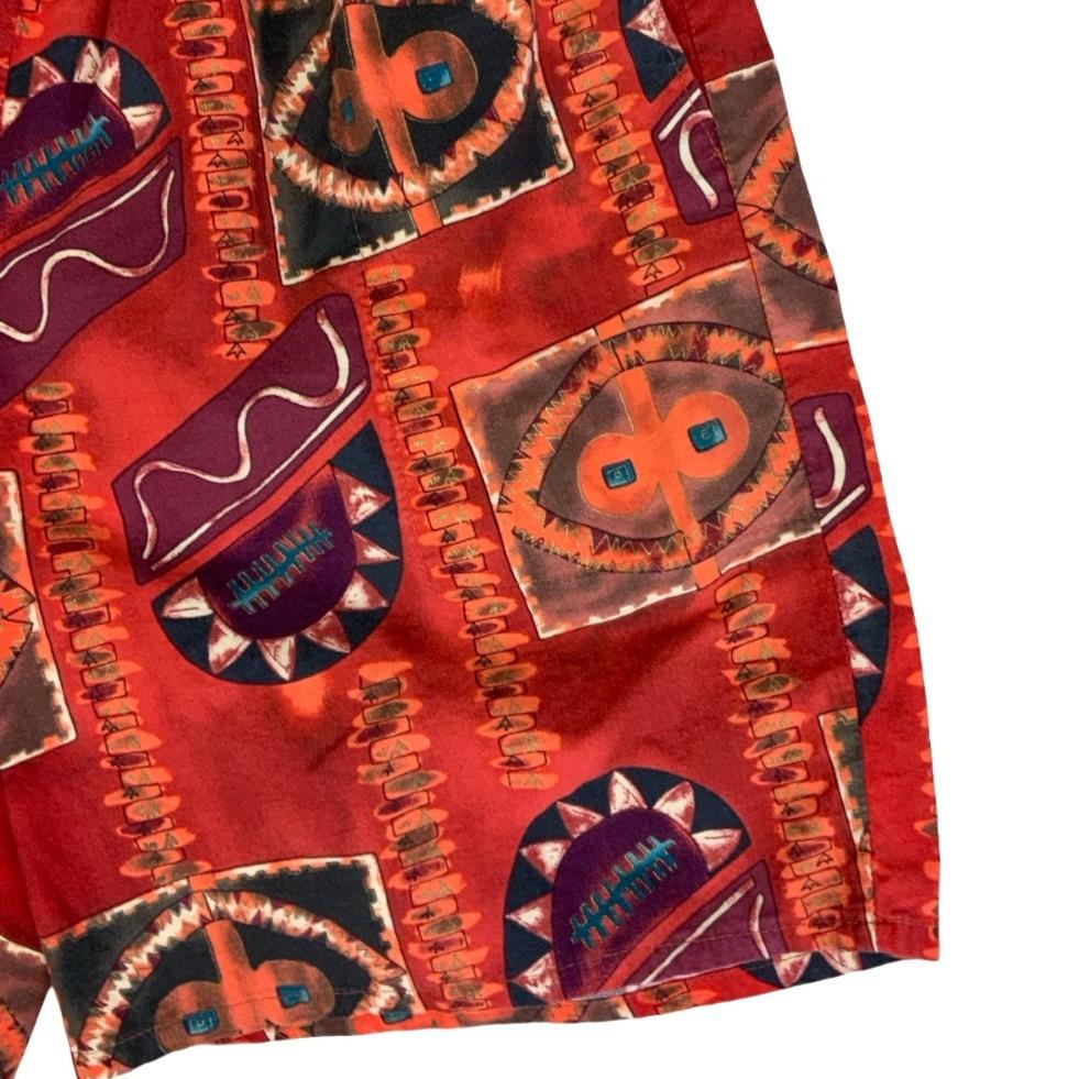 VTG 90s RED BROWN TRIBAL ART GEOMETRIC GRAPHIC BOHO BEACH SURF SHORTS S M