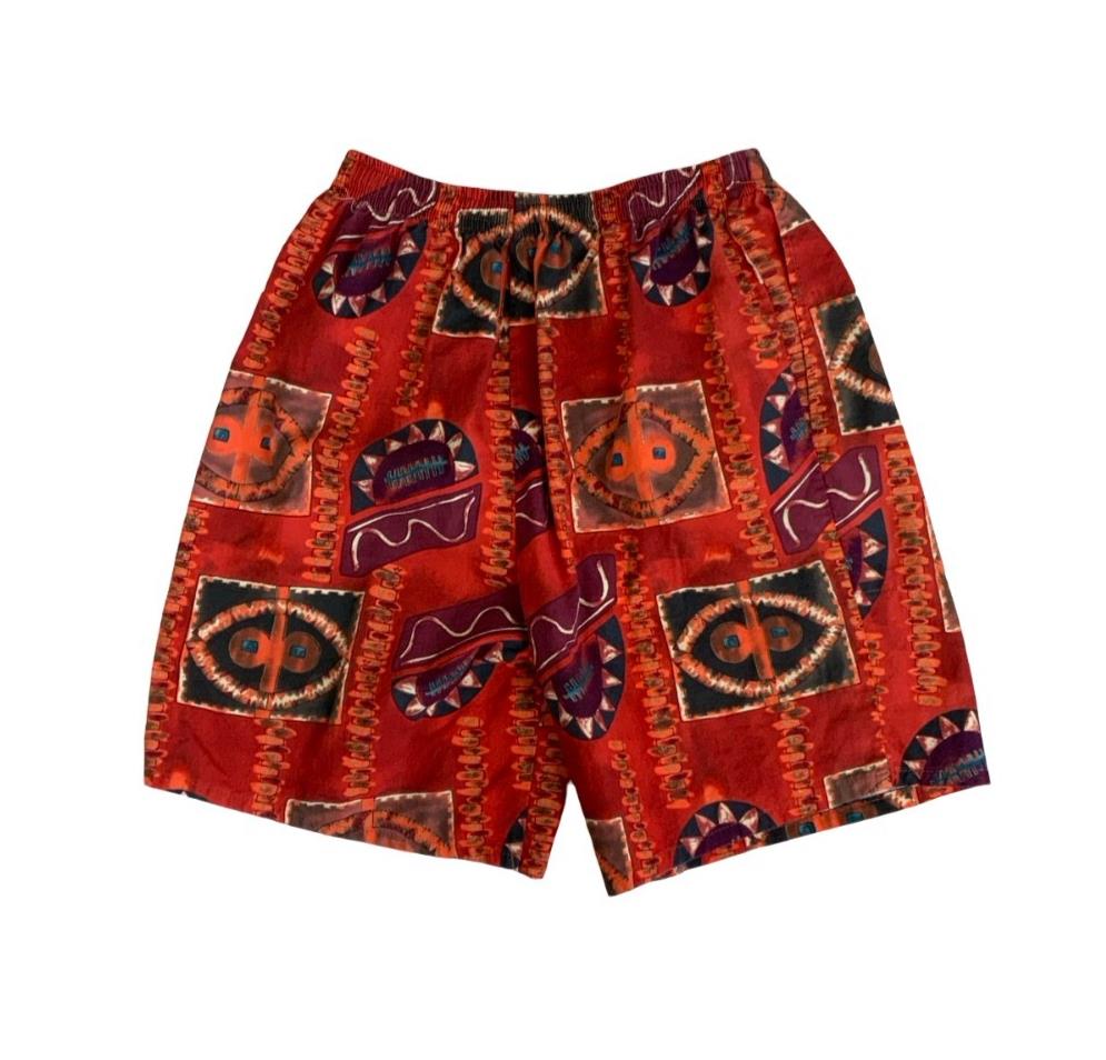 VTG 90s RED BROWN TRIBAL ART GEOMETRIC GRAPHIC BOHO BEACH SURF SHORTS S M
