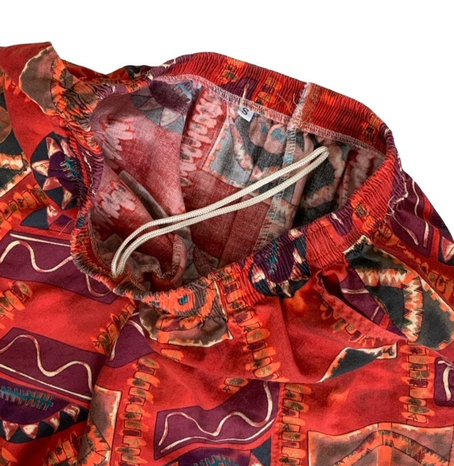 VTG 90s RED BROWN TRIBAL ART GEOMETRIC GRAPHIC BOHO BEACH SURF SHORTS S M