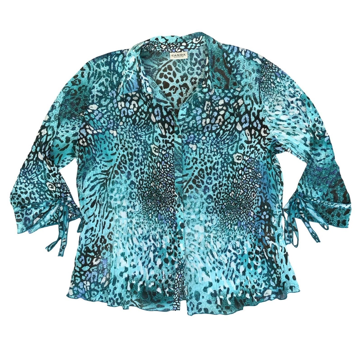 VTG 90s Y2K 'CANDA' COLLECTION AT C&A BLUE LEOPARD PRINT PLEATED MESH BLOUSE L