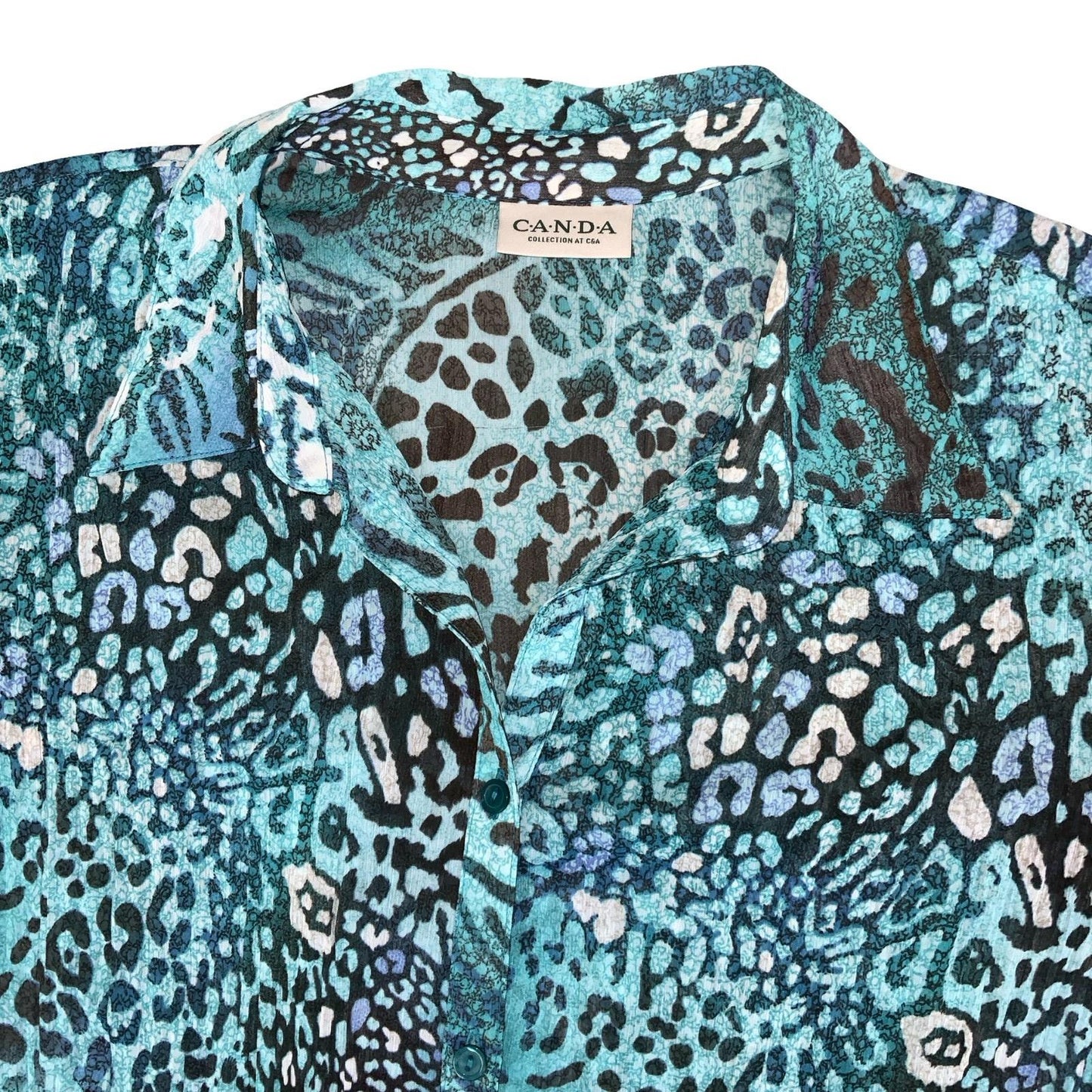 VTG 90s Y2K 'CANDA' COLLECTION AT C&A BLUE LEOPARD PRINT PLEATED MESH BLOUSE L