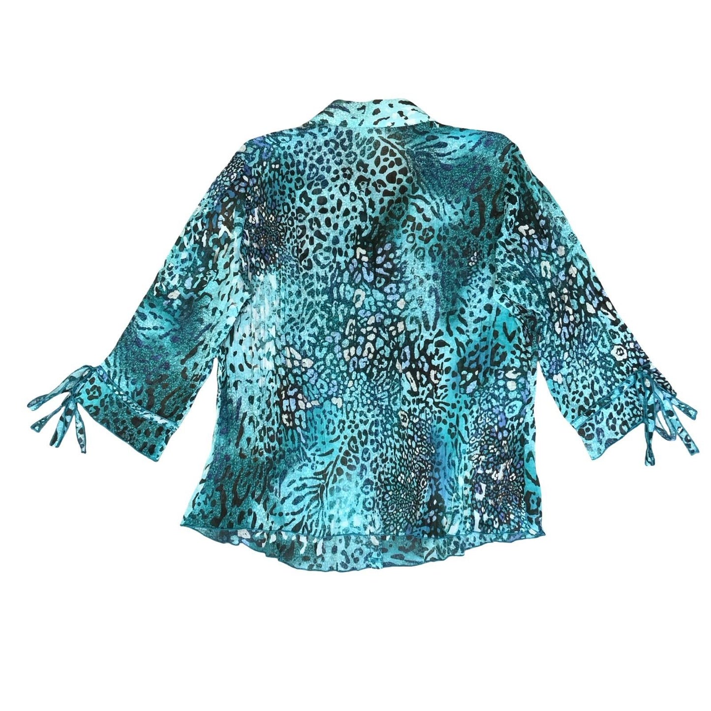 VTG 90s Y2K 'CANDA' COLLECTION AT C&A BLUE LEOPARD PRINT PLEATED MESH BLOUSE L