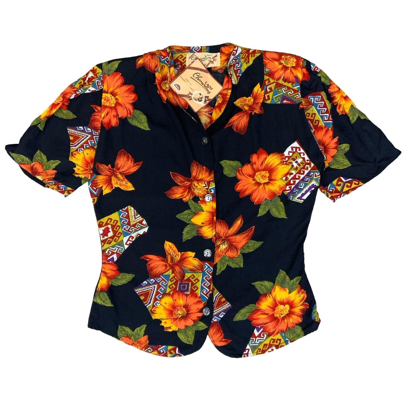 80s 'LADY CHEMERLANG' FRENCH BLACK ORANGE FLORAL DEADSTOCK BUTTON-UP BLOUSE S 8