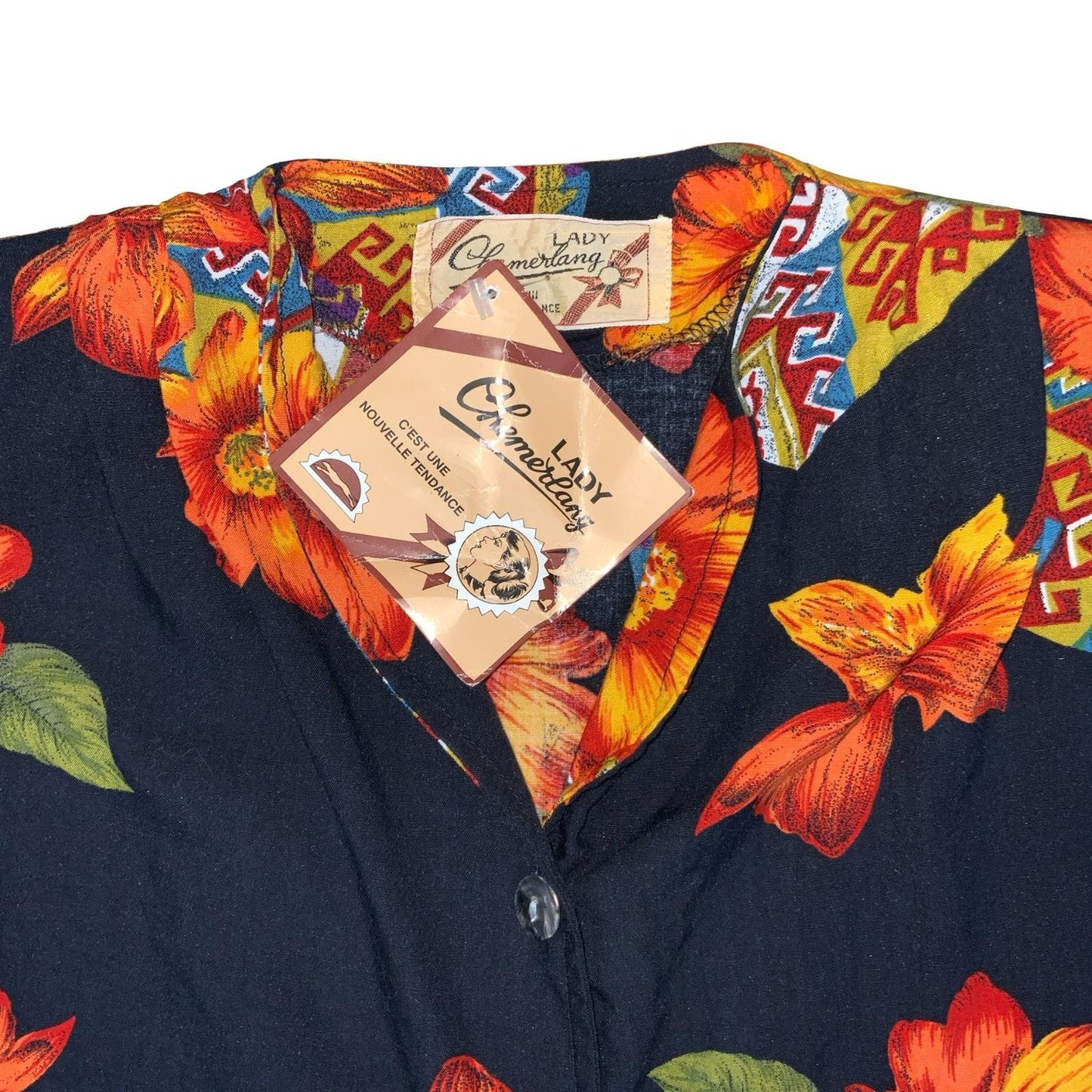 80s 'LADY CHEMERLANG' FRENCH BLACK ORANGE FLORAL DEADSTOCK BUTTON-UP BLOUSE S 8
