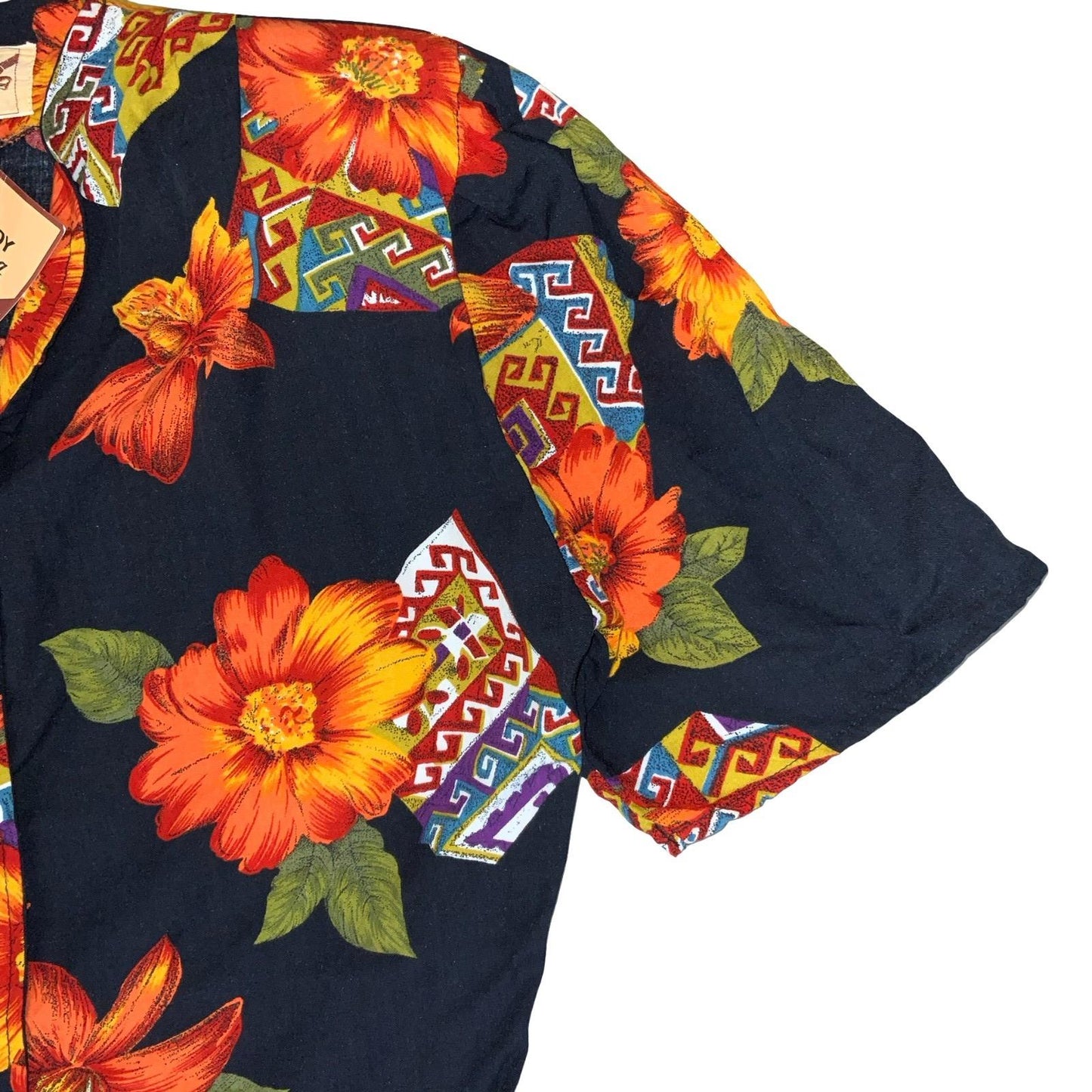 80s 'LADY CHEMERLANG' FRENCH BLACK ORANGE FLORAL DEADSTOCK BUTTON-UP BLOUSE S 8