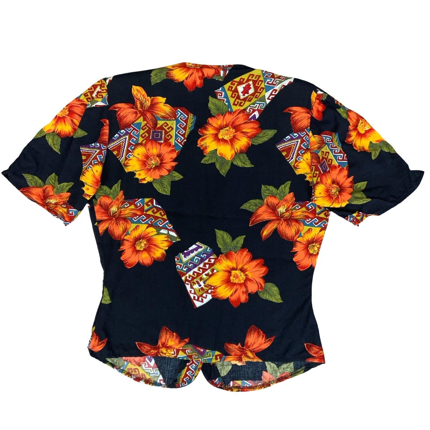80s 'LADY CHEMERLANG' FRENCH BLACK ORANGE FLORAL DEADSTOCK BUTTON-UP BLOUSE S 8