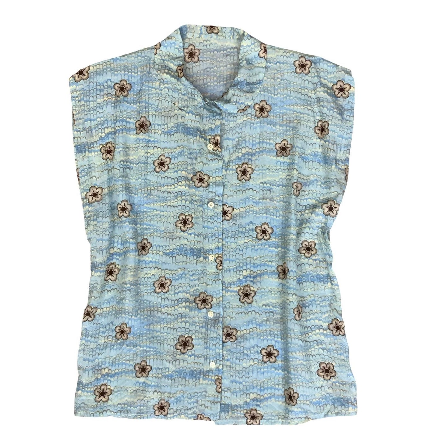 VTG 80s SLEEVELESS CAP SLEEVE BLUE FLORAL PATTERNED BUTTON-UP SUMMER BLOUSE M 14