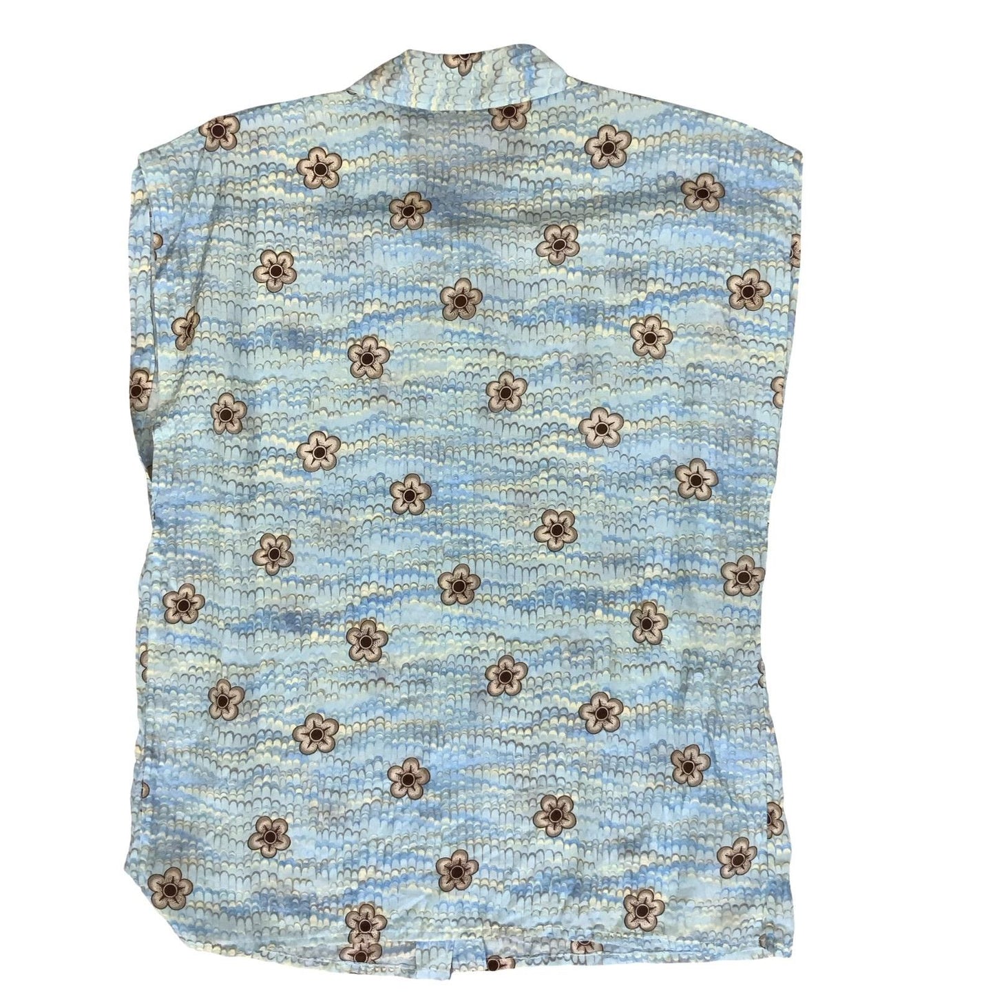 VTG 80s SLEEVELESS CAP SLEEVE BLUE FLORAL PATTERNED BUTTON-UP SUMMER BLOUSE M 14
