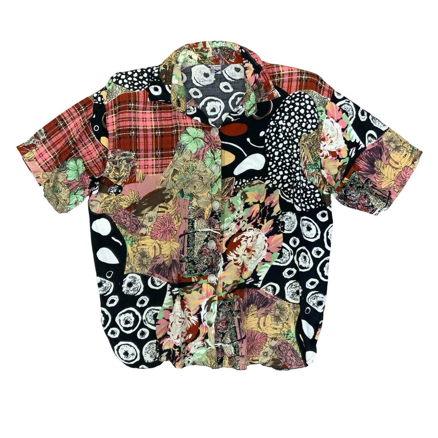 VTG 'AGS' FAUX PATCHWORK RED WHITE BLACK TARTAN GEOMETRIC FLORAL BLOUSE L 16/18