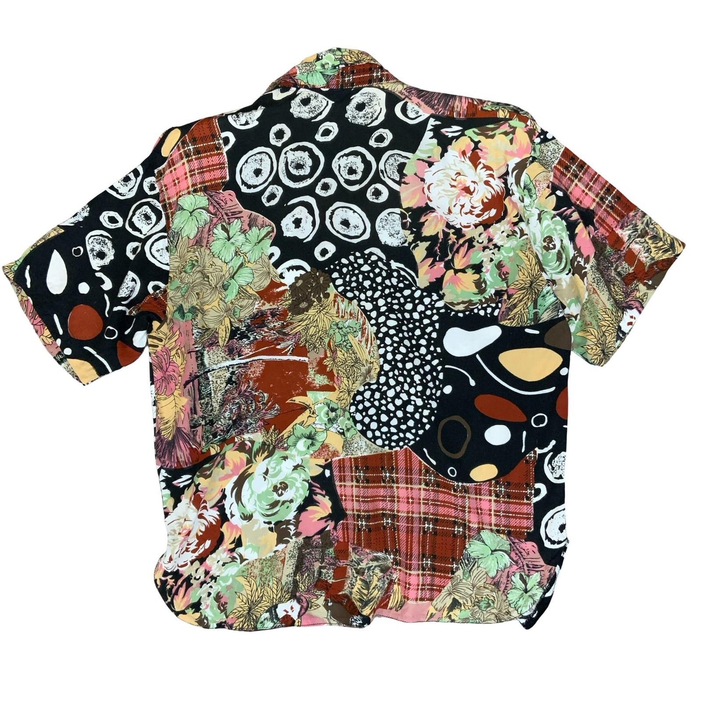 VTG 'AGS' FAUX PATCHWORK RED WHITE BLACK TARTAN GEOMETRIC FLORAL BLOUSE L 16/18