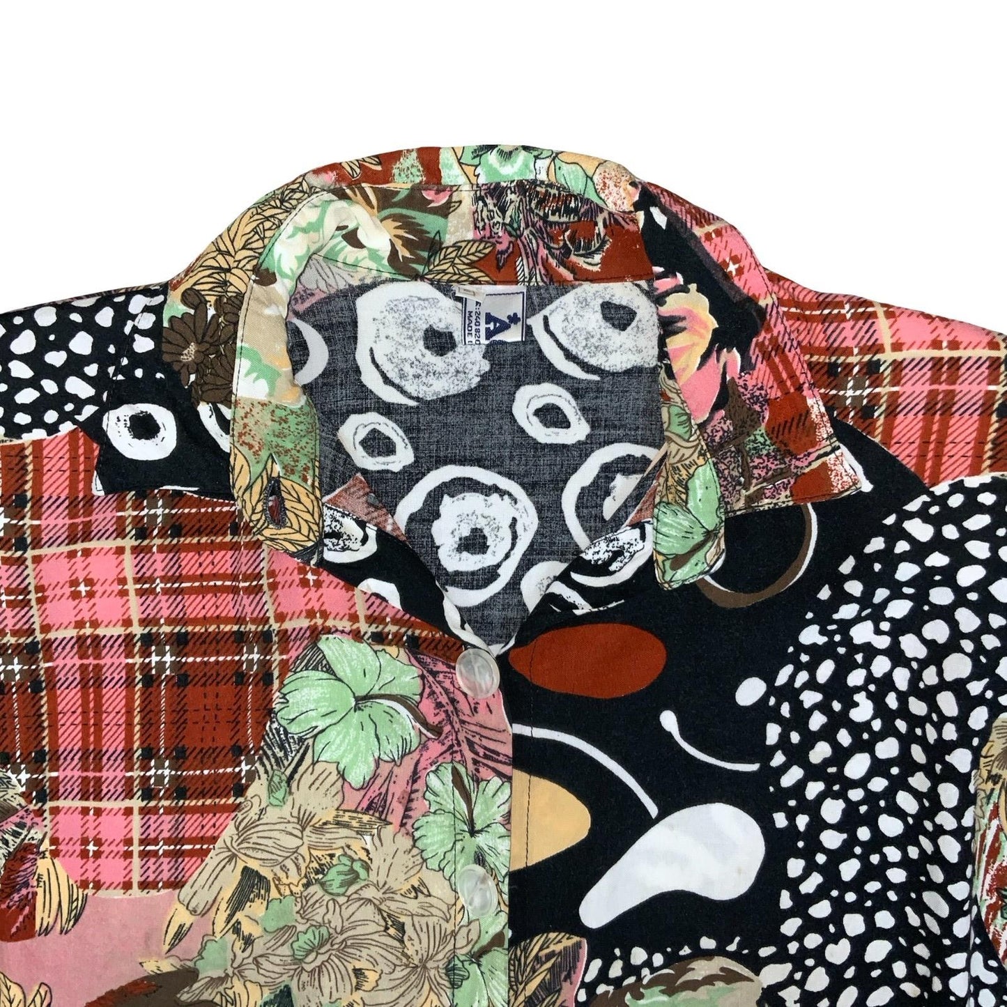 VTG 'AGS' FAUX PATCHWORK RED WHITE BLACK TARTAN GEOMETRIC FLORAL BLOUSE L 16/18