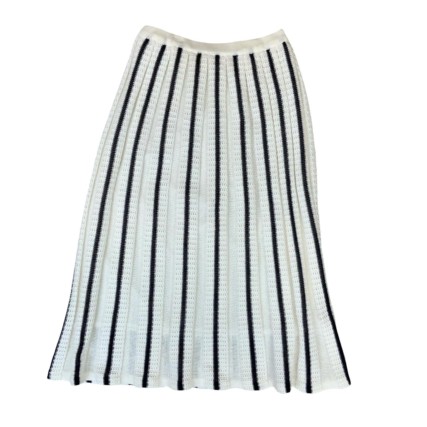 VTG WHITE BLACK STRIPED KNITTED ELASTICATED LINED MIDI PANEL SKIRT UK 12