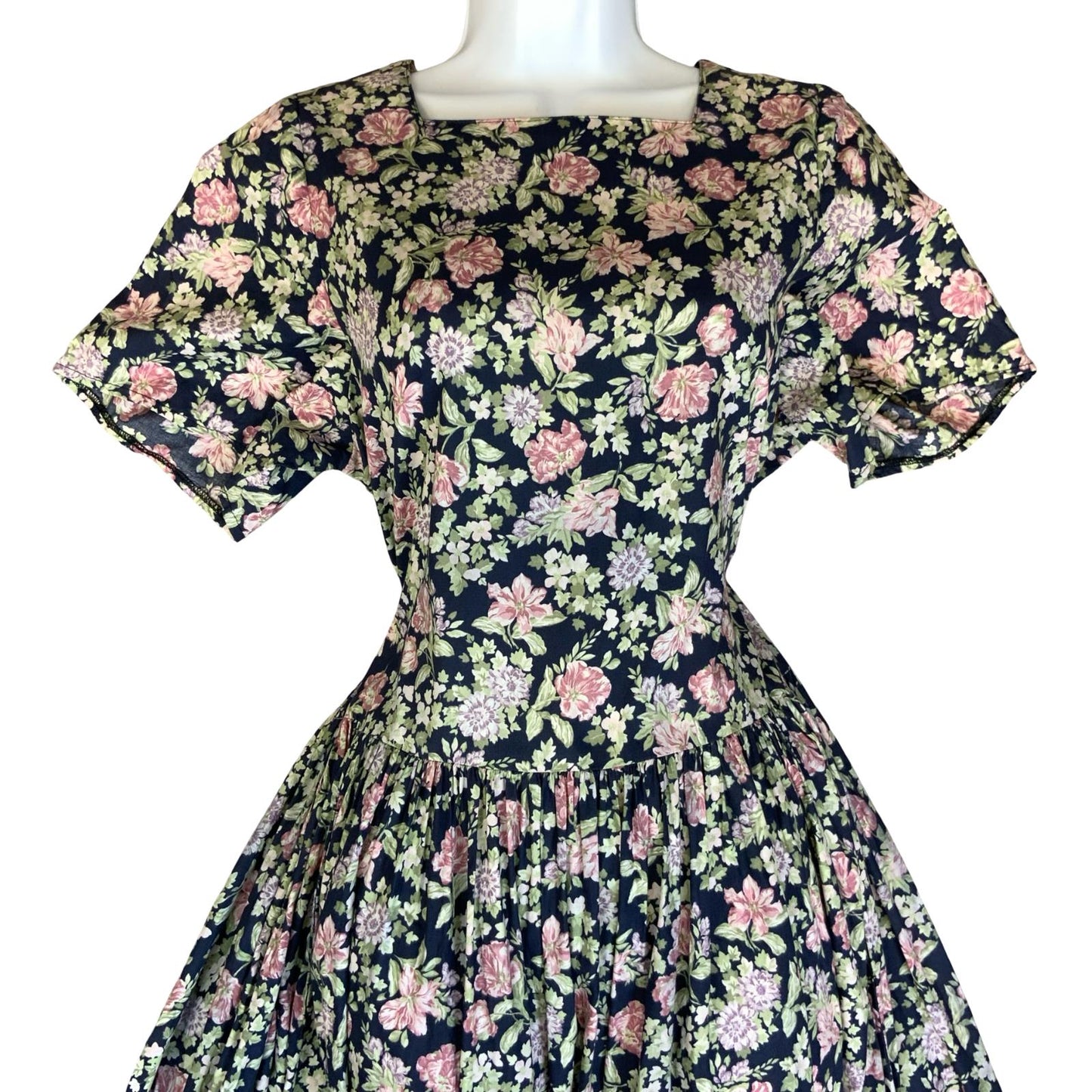 1980s 'LAURA ASHLEY' BLUE PINK FLORAL RETRO SUMMER TEA PARTY A-LINE DRESS 10/12