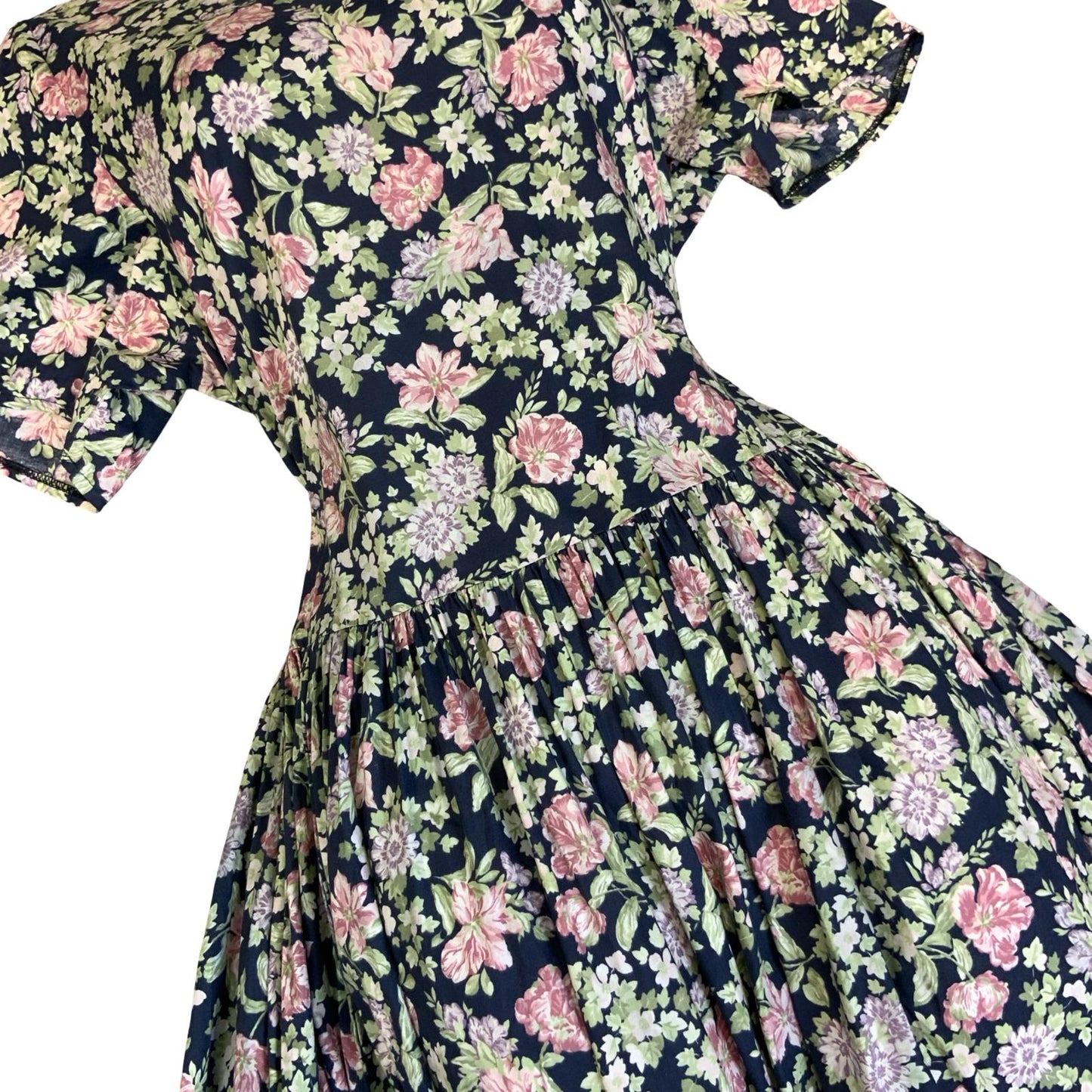 1980s 'LAURA ASHLEY' BLUE PINK FLORAL RETRO SUMMER TEA PARTY A-LINE DRESS 10/12