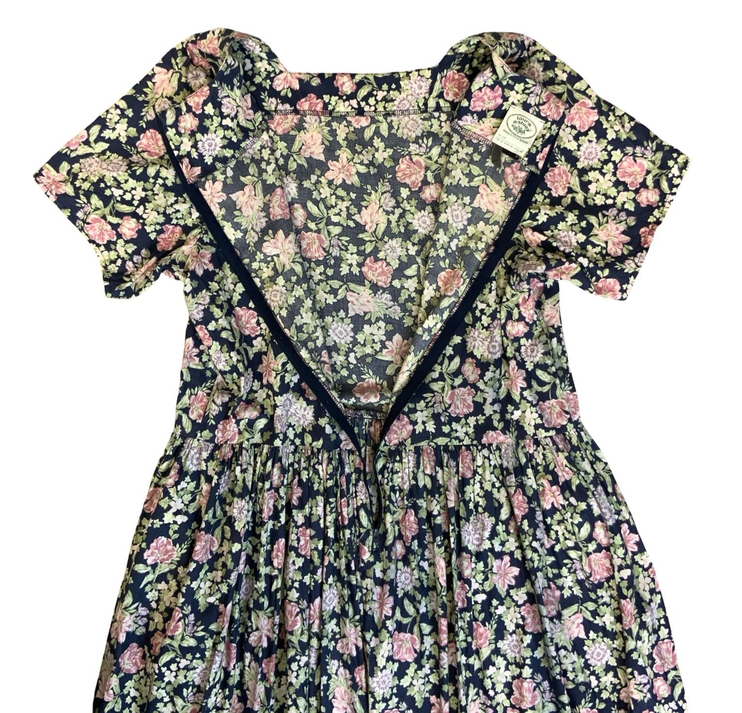 1980s 'LAURA ASHLEY' BLUE PINK FLORAL RETRO SUMMER TEA PARTY A-LINE DRESS 10/12